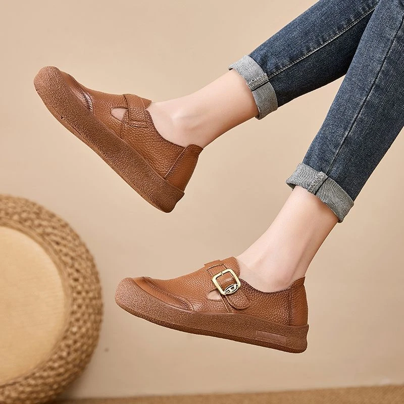 Original Natural Leather Shoes for Women Vintage Comfort Round Toe Buckl Flats Woman Slip On Orthopedic Loafers Ladies Moccasins