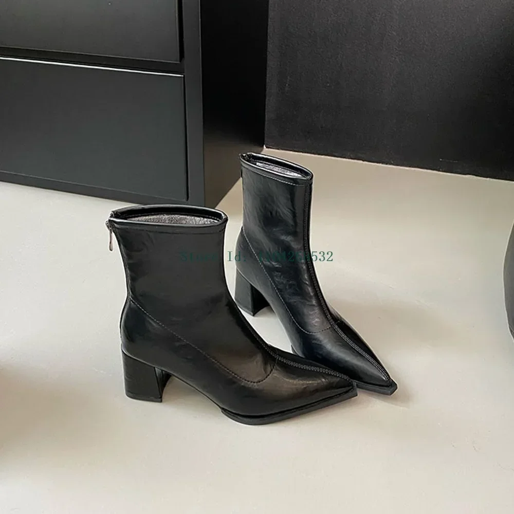 

Pointed Toe Thick Heel Zipper Leather Ankle Boots Square Heel Solid Handmade 2025 New Arrivals Winter Autumm Modern Boots