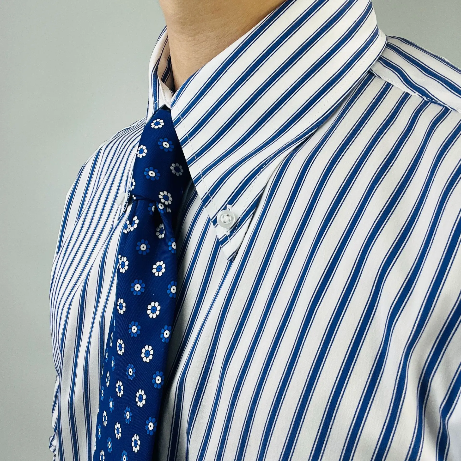 

French Elegance Button Down Collar Shirts for Men Blue Striped Long Sleeve Breathable Business Casual Blouse Office Mens Shirts