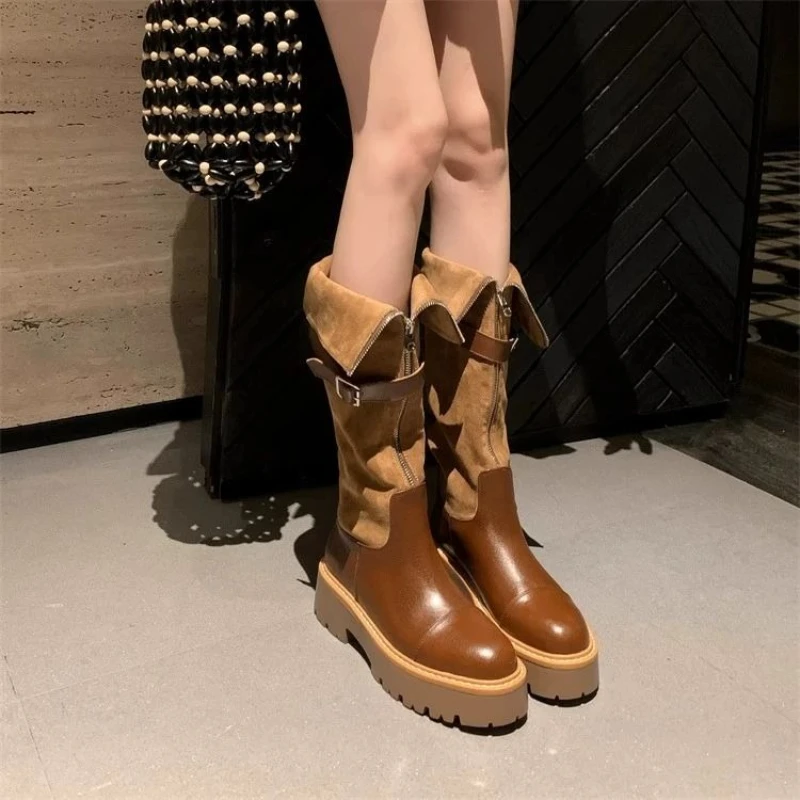 Autumn Winter Belt Buckle Ladies Knee High Shaft Shoes Y2k Designer Luxury Footwear Demi-season Gothic Goth Women's Long Boots - view 6