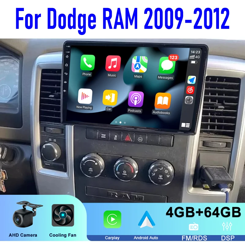 

10" For Dodge RAM 2009-2012 Car Radio Head Unit Wireless Carplay Apple Android 13 Auto Intelligent System 64GB WIFI GPS Camera