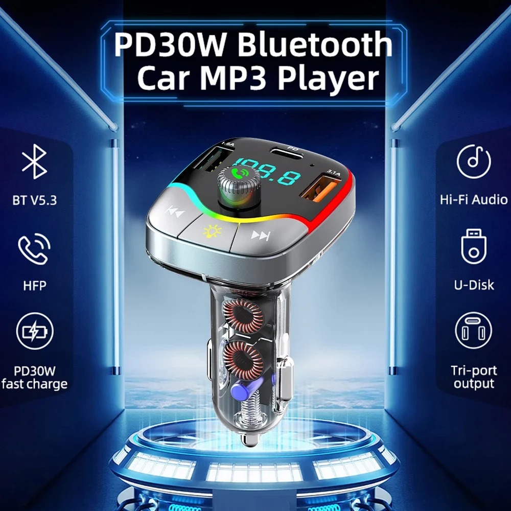 Bluetooth 5.3 FM Transmitter Handsfree Car Radio Modulator MP3 Player With 36W PD QC3.0  Quick Charge Adapter Colorful Lights