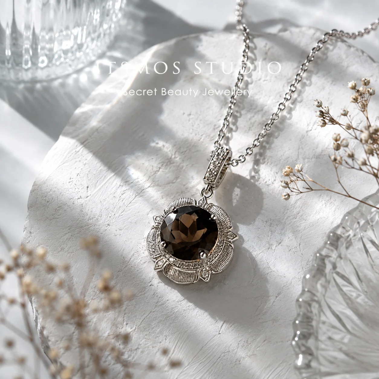 ITSMOS Natural Smoky Quartz Pendant Necklace Art Deco Brown Halo Pendant with Pavé Bail Antique Style Fine Jewelry for Women