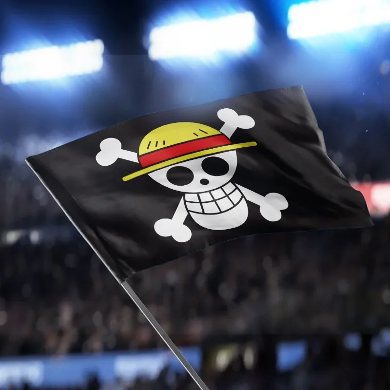 علم قرصان بوليستر ، قرد د. لوفي ، جمجمة ، قطعة واحدة ، قبعة قش ، قراصنة ، بوق ، لافتة ، 90x150cm