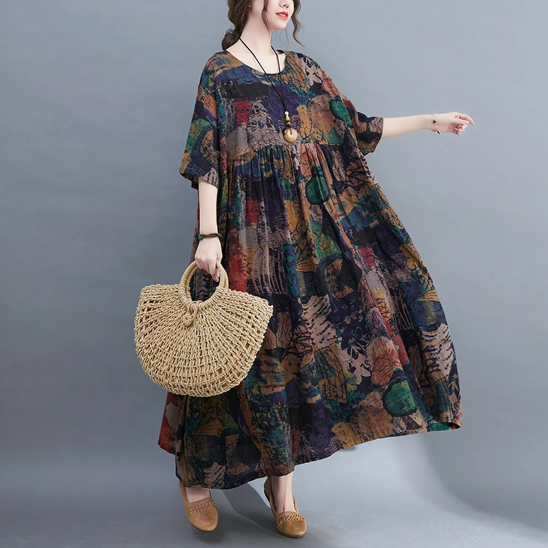 Retro Plus Size Kaftan Women's Cotton home Dress Secret Forest Printing Round Neck Short Sleeve Casual Female Vintage Maxi Dress