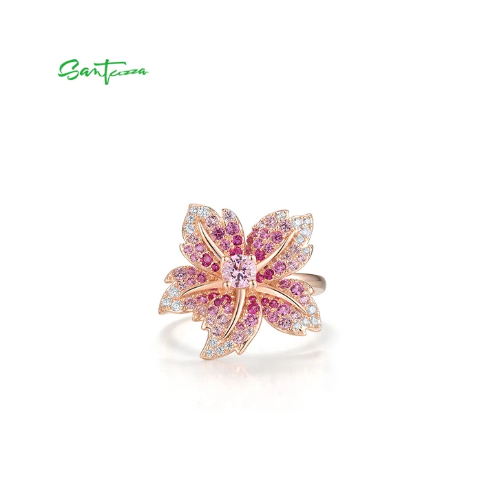 SANTUZZA Echter 925 Sterling Silber Ring für Damen mit funkelndem blau-rosa Stein, weißem CZ, Lilienblüte, luxuriöser Hochzeitsschmuck. – Detail 8