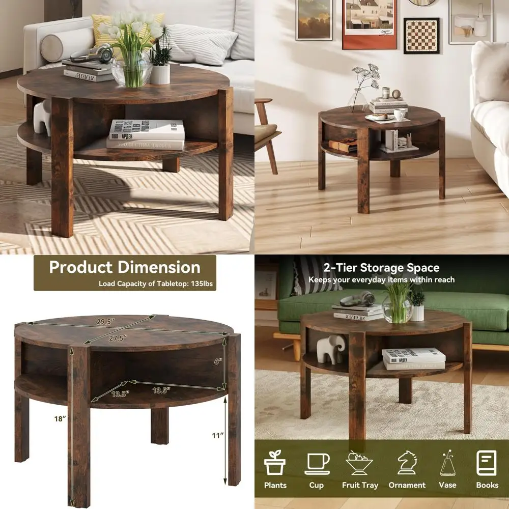 

Mid Century Modern 2-Tier Round Coffee Table with Storage Shelves and Four Side Compartments, Wooden Center