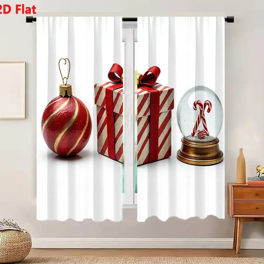 2Pcs Curtains 2D Flat Christmas Ornament Red Gold Striped Gift Box White Red Stripes Snow Globe Glass Ball Brass Base Festive De
