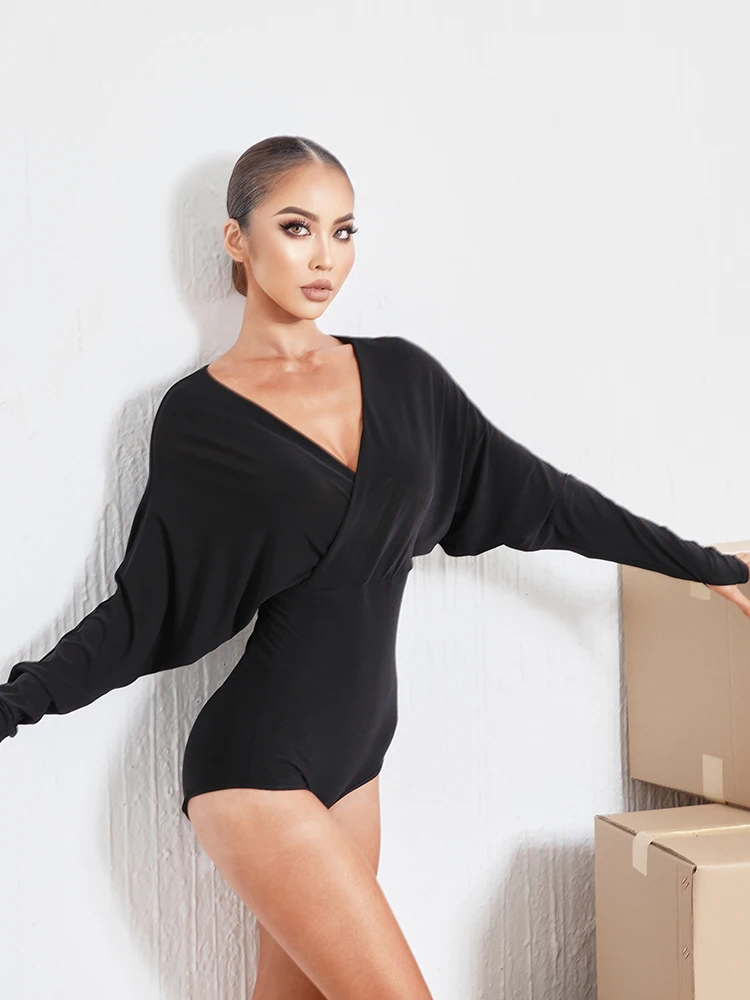 Latin Dance Clothes Female V Neck Bat-Sleeves Bodysuit Women Latin Tops Black Practice Wear Samba Ballroom costume practice