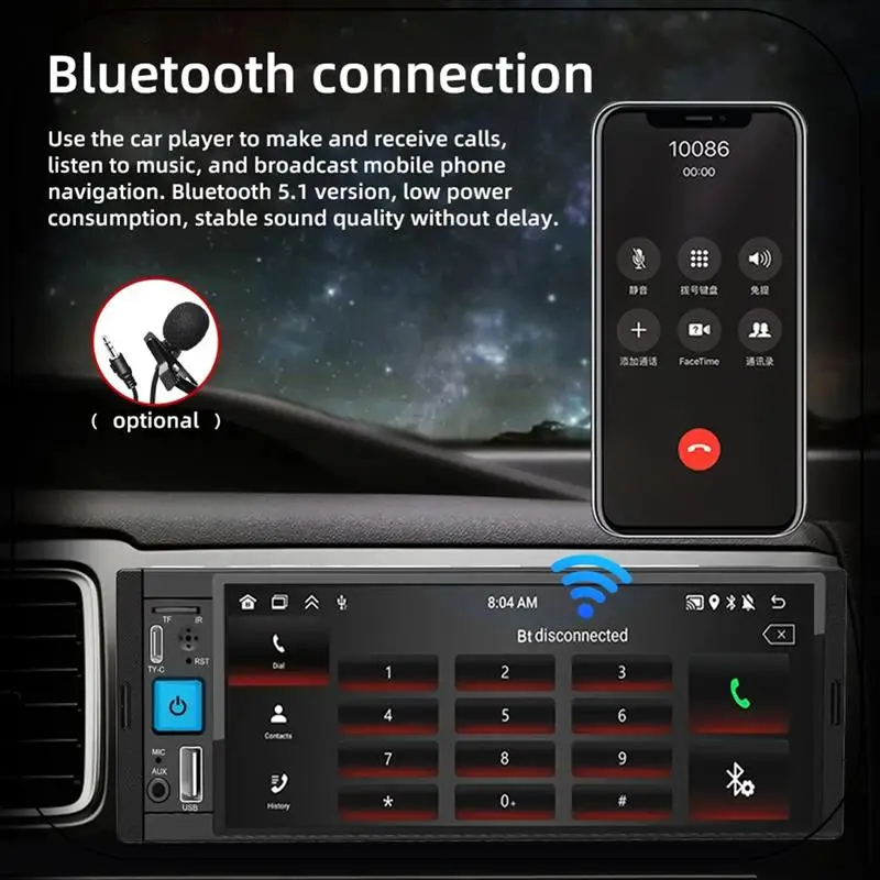 

ABNF!Bluetooth-Enabled Car Radio With Carplay And Android Auto, 1DIN MP5 Player With FM Receiver For Entertainment On The Go