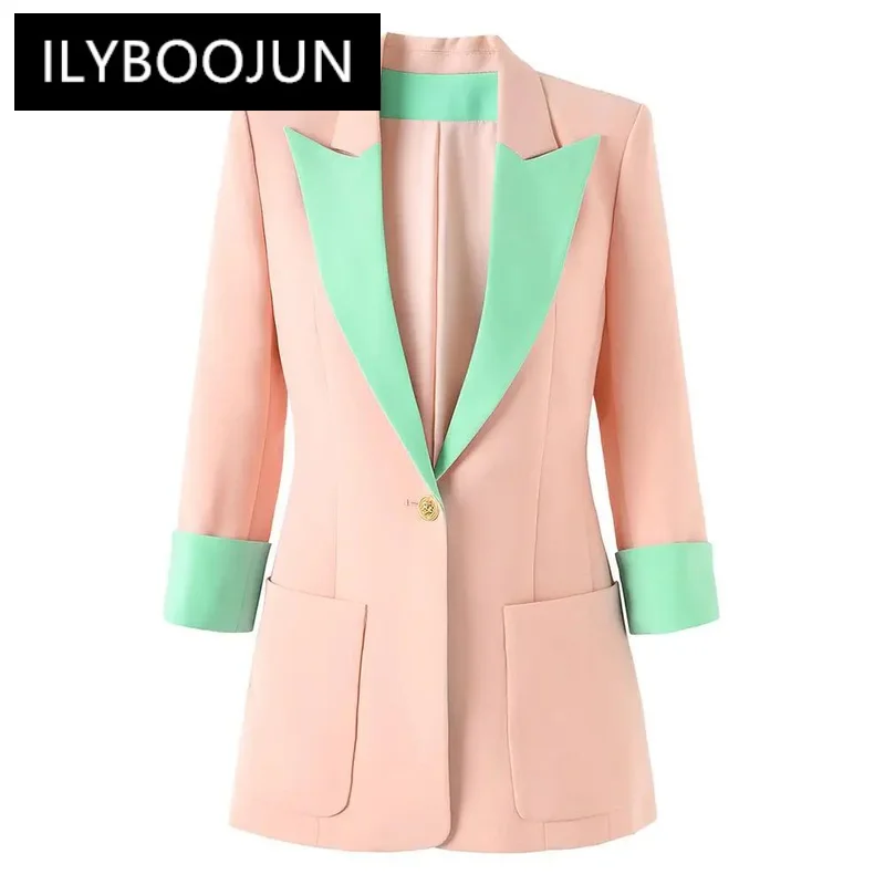 

In Stock Newcolorblock Women Office Coat Three Quarter Sleeve Single Button Notched Blazer