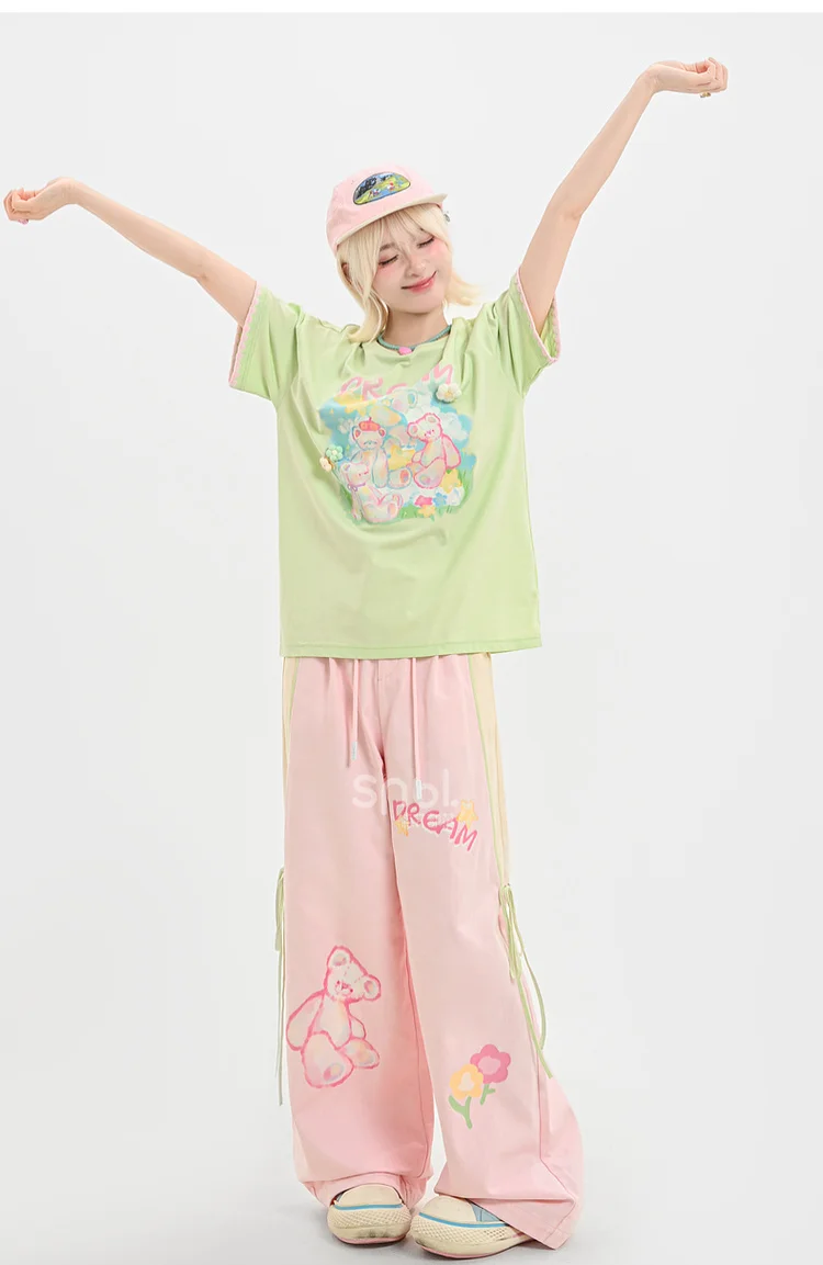2025 Summer New Women's Sweet Style Pink Bear Print High Waist Slim Fit Versatile Casual Cotton Wide Leg Pants