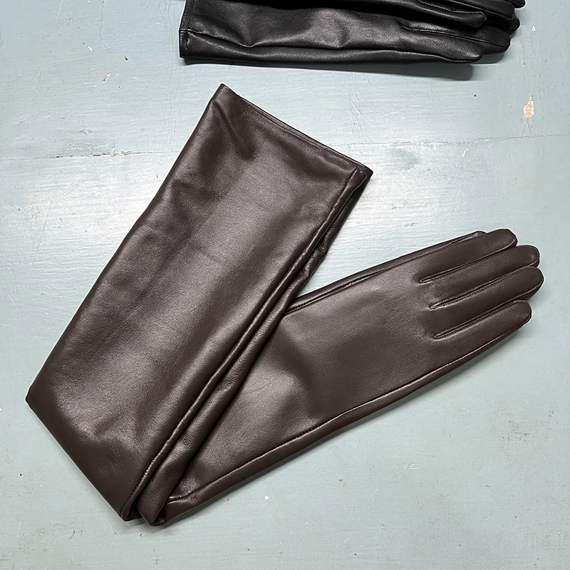 Gants longs en cuir marron foncé pour femme, gants d'opéra en peau de mouton, doigts fendus, surdimensionnés sur le coude