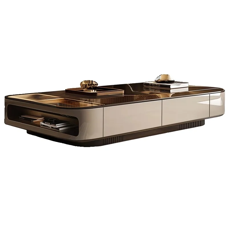

Light luxury glass coffee table high-end living room small apartment new round 1.4 tea table storage household long table furnit