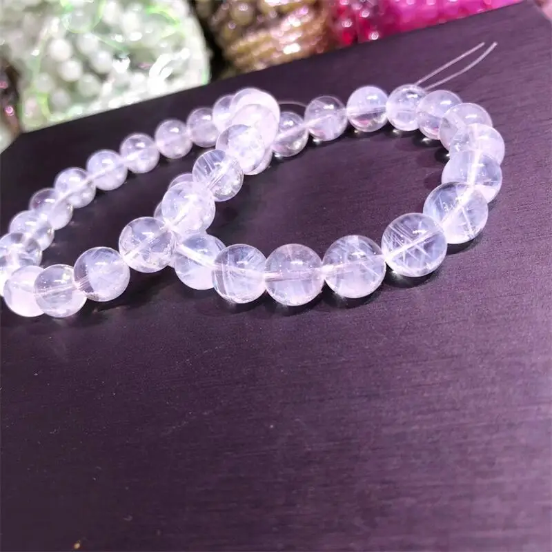 10MM Natural Blue Rutilated Quartz Bracelet Women Fashion Round Beads Lovers Strand Bangles Jewelry Gift