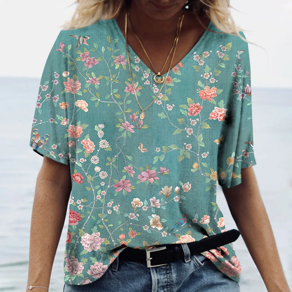 2024 new Fashion T-Shirt Women\'s Floral Print Y2k Casual V-Neck Short Sleeve Tees Loose Retro Versatile Female Clothing Top