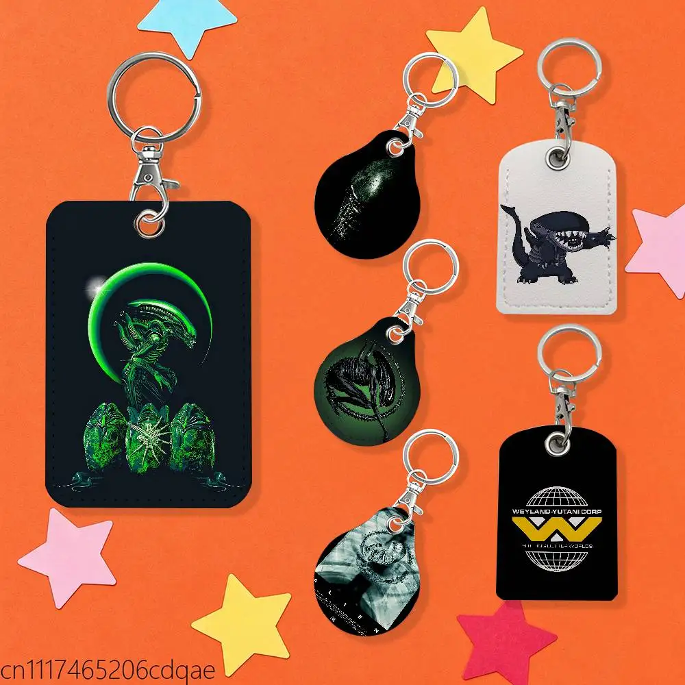 For Xenomorph Alien 1pcs Leather Card Holder With Key Ring Water Drop Shaped Key Case Keychain Doorlock Accessories