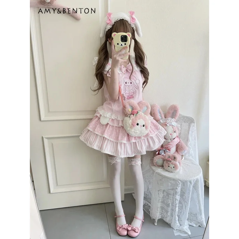 

25COSKawaii комплекты юбок для девочек, оригинальный милый милый мультяшный принт, кружевной темно-синий воротник, топ без рукавов, многослойная юбка-пачка, состоящая из двух частей S