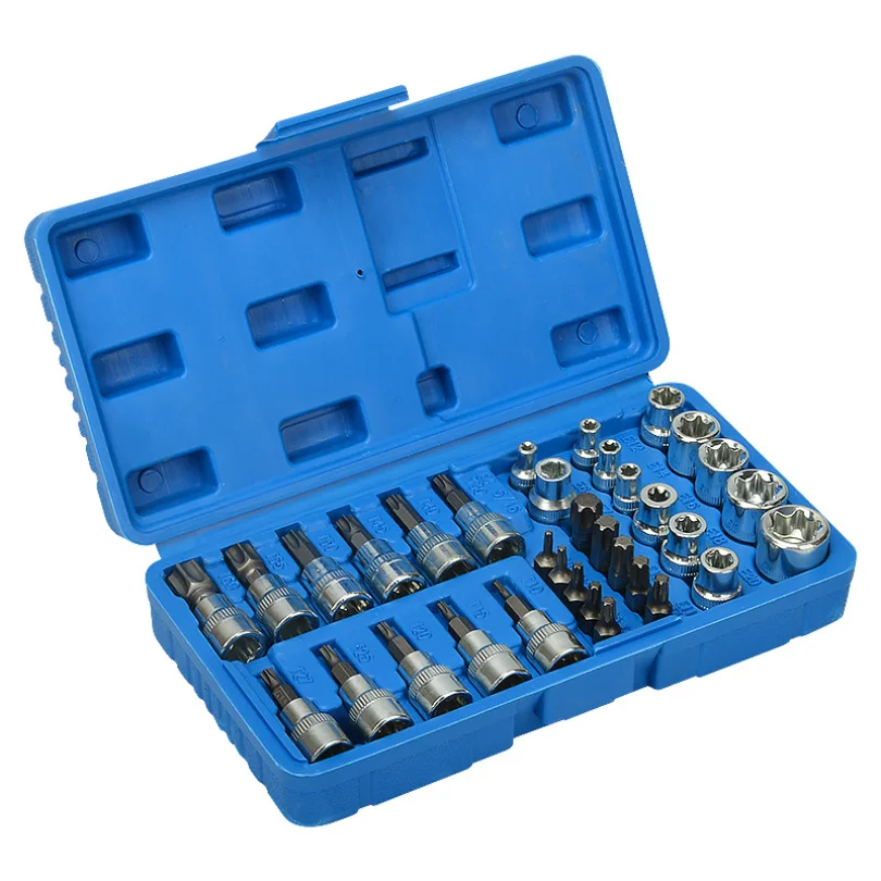 Professional 34 Pieces Drive Torx Bit Socket and E-Torx (Star) Socket Set,CR-V & S2 Steel, E4-E20, T10-T60, Tamper Proof T10-T55