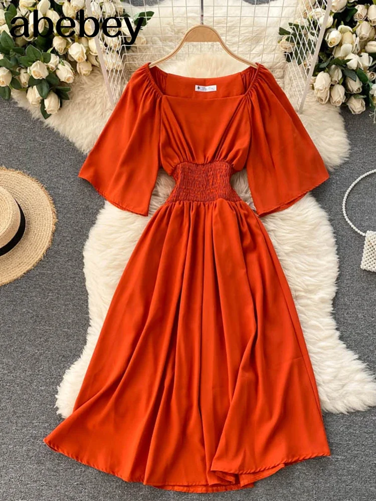 Korean Sweet Solid Women Square Collar Flying Sleeve Ruffle A-line Dresses Summer Boho  Chiffon Midi Dress