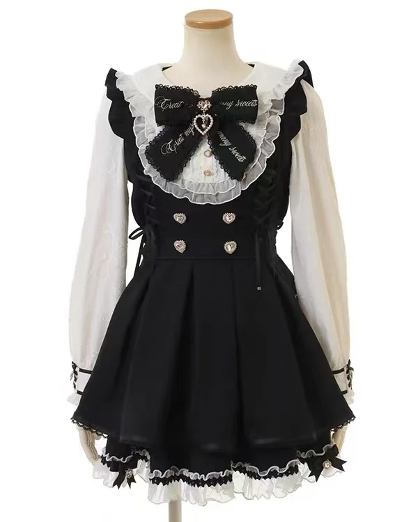 고딕 빈티지 Y2K 일본 스타일 드레스 세트 여성 의상 리본 레이스 로리타 패션 짧은 파티 드레스 슬림 엘레강트 미니 드레스