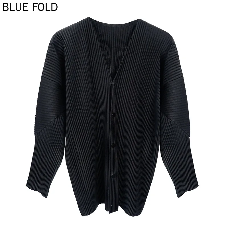 Miyake Pleated Jacket for Men, Casual Cardigan, Collarless Tops, Korean Coat, High-End, Spring