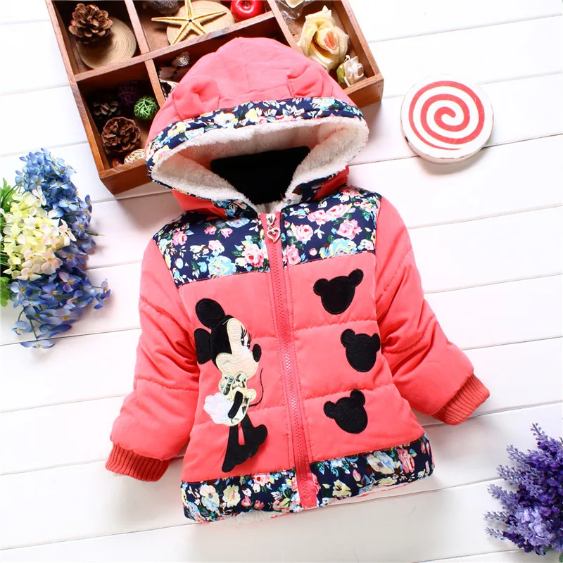 Girls\' Cotton Jacket Winter Children\'s Clothing Sweet Mouse Head Print Thick Baby Coat Cartoon Hooded Cotton Jacket