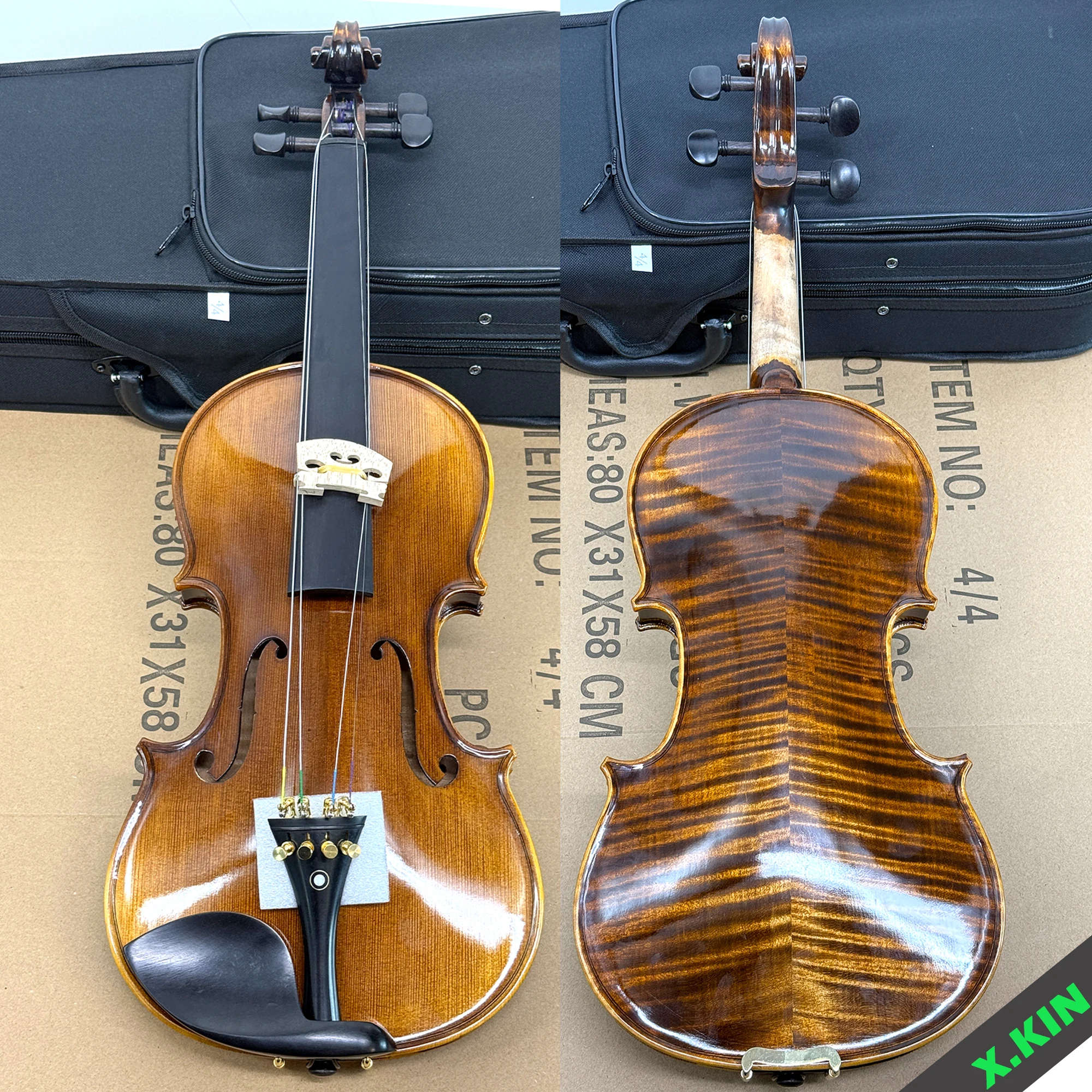 

Oily Varnish Classy Violin Natural Flame Maple Antique Spruce Ebony Fit Violin 4/4 Handmade Full Size with Hard Case, Shoulder Rest, Bow, Strings, Mute