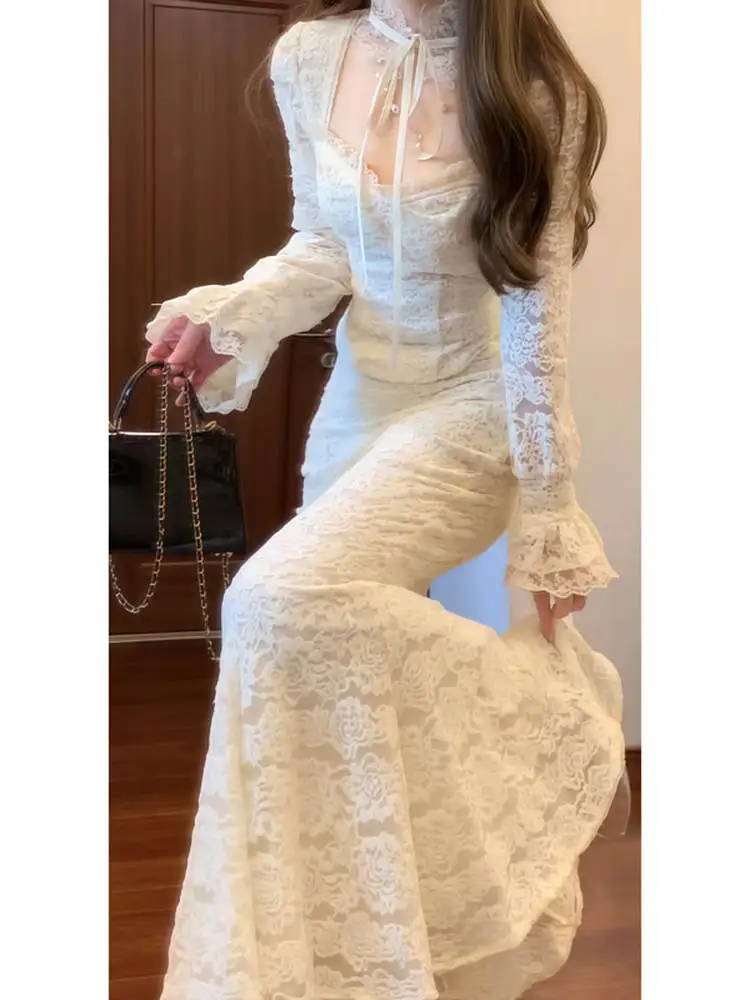 

Elegant Lace Top And Fish Tail Skirt Set Women's Fashion Spring Collection Comfortable High Waist Long Sleeve T-Shirt Outfit