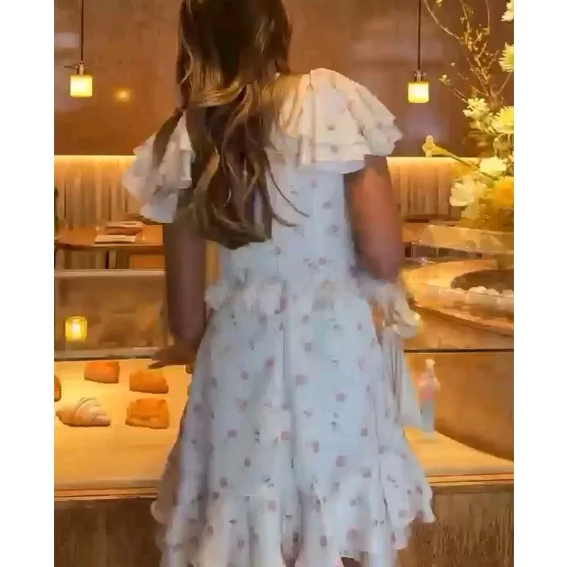 Ele floral impressão chá break dr v-ne puff sve em camadas decoração ort sve feminino faion outono nova chegada