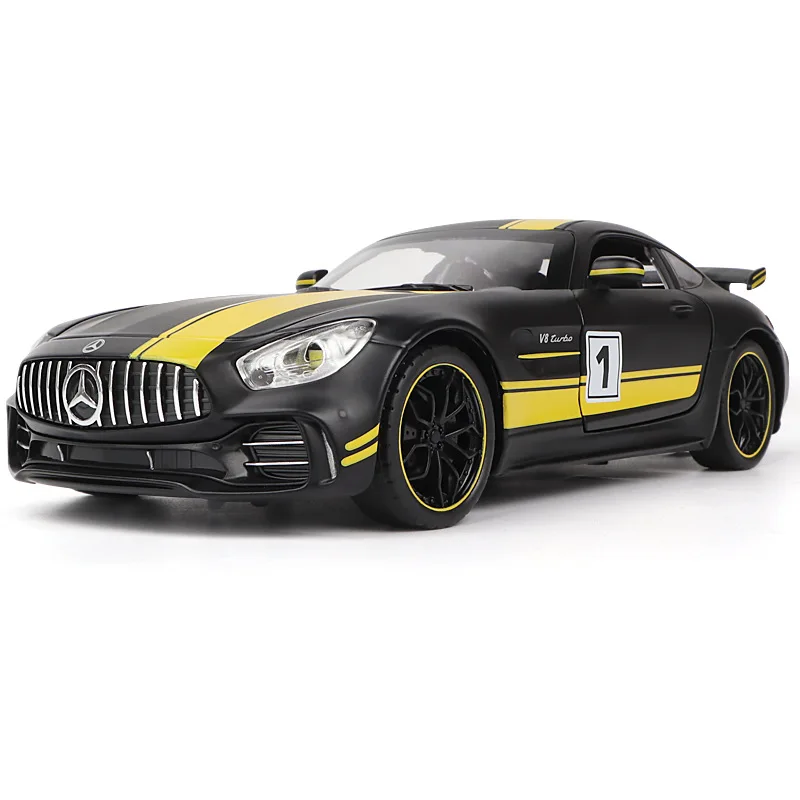 1:24 Mercedes Benz AMG GTR Modelo de metal Diecast Simulação de carro esportivo com som leve Coleção de brinquedos para presentes