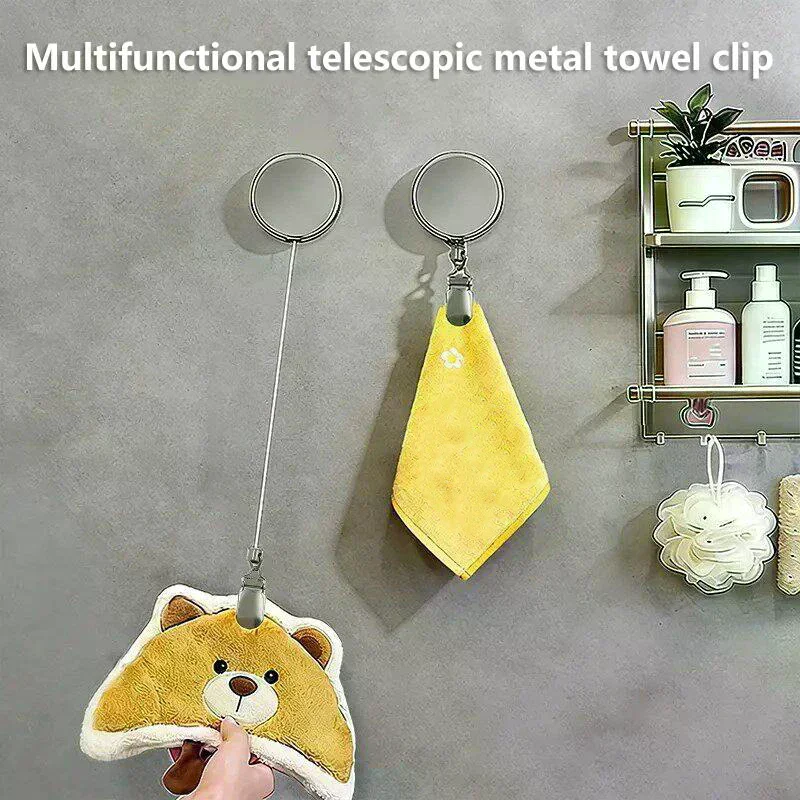 1PC Automatic Retractable Towel Rack No-Drill Self-Adhesive Wall Mounted Hand Towel Holder With Stainless Steel Cable Clamp