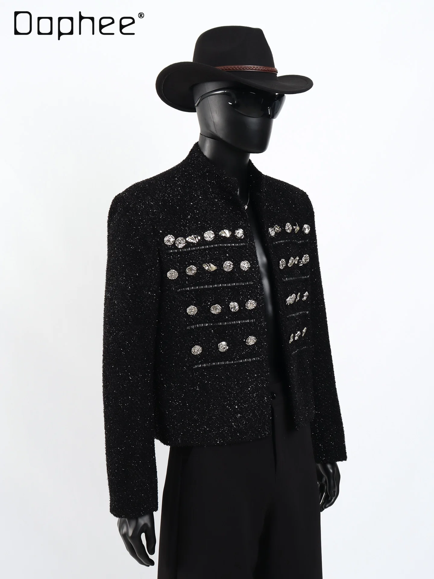 Deconstructed Design Oversized Woolen Jackets for Men Heavy Metal Beading Stylish Stand Collar Jacket Trendy Loose Short Jacket