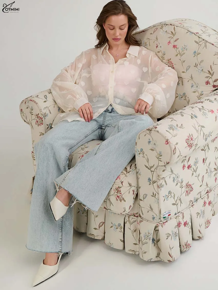 Oymimi Fashion White Print Woman Blouses Elegant Translucent Turn-Down Collar Blouses Casual Long Sleeve Single Breasted Shirts