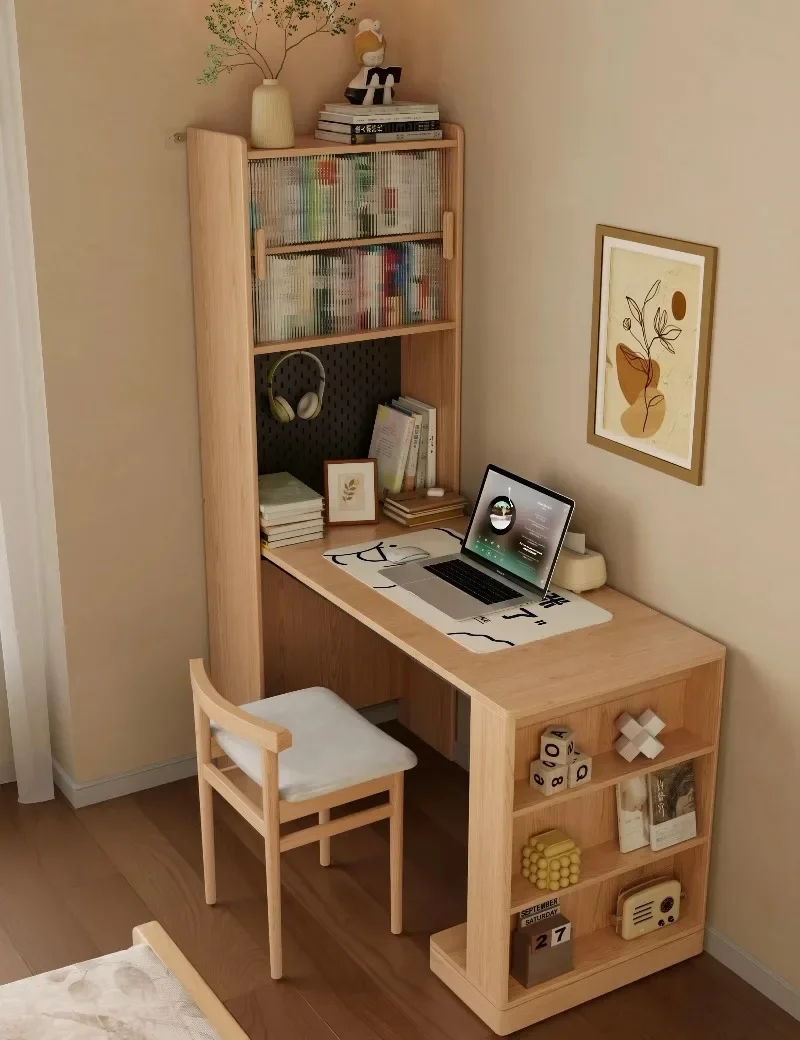Solid wood folding table bookcase integrated multi-functional household computer desk