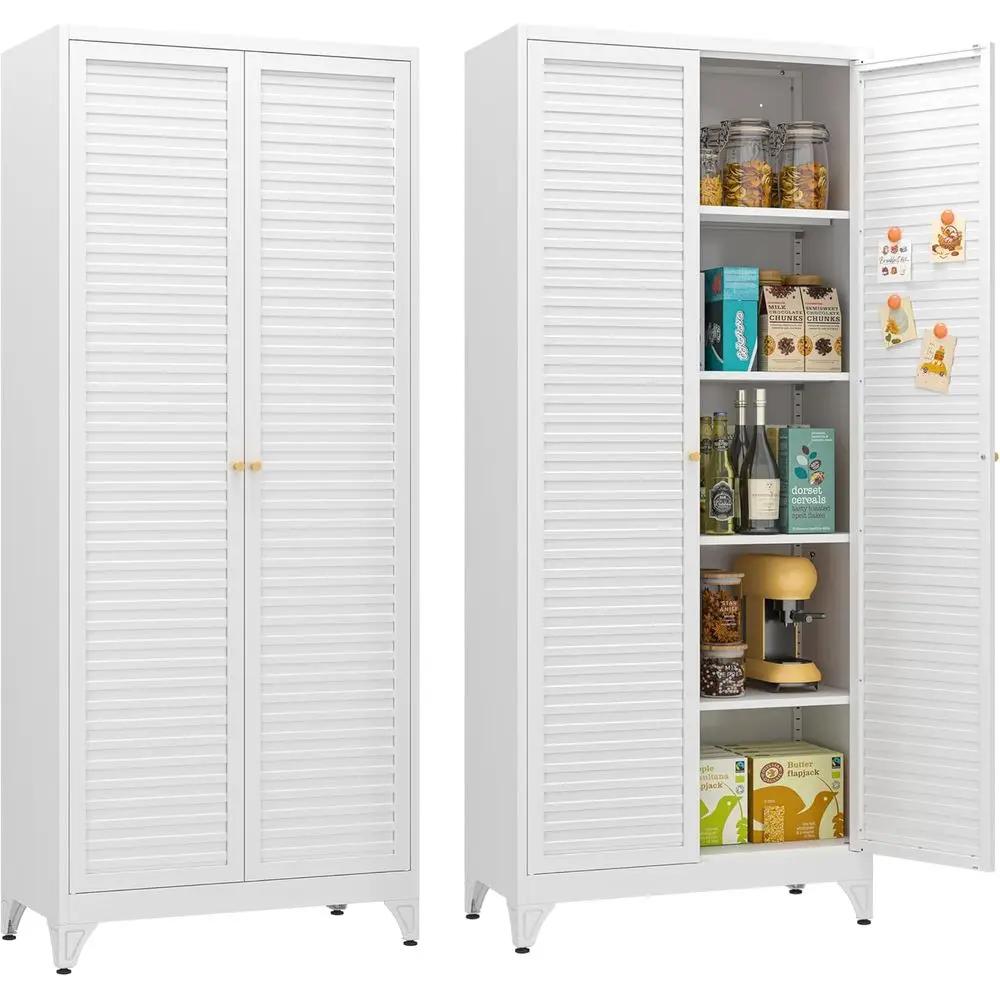 

75" White Metal Storage Cabinet, Kitchen Pantry Storage Cabinet with 2 Louver Do, Kitchen Pantry Cabinet with 4 Adjustable Shelv