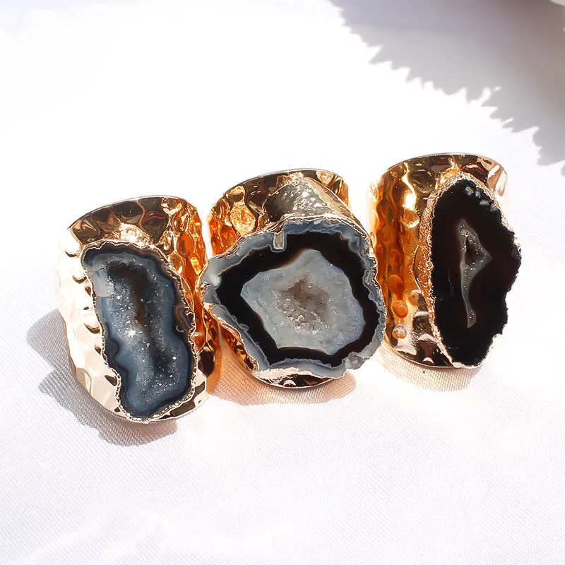 Agate Geode Charm Ring Women Natural Stone Gold Plated Cuff Adjustable Knuckle Ring Raw Crystal Rings