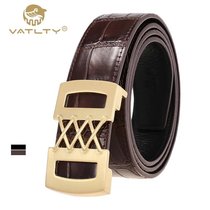 VATLTY-cinto de couro masculino, fivela de liga dourada, couro de vaca natural, cinto marrom casual, cintas empresariais, presente masculino, 130cm, novo