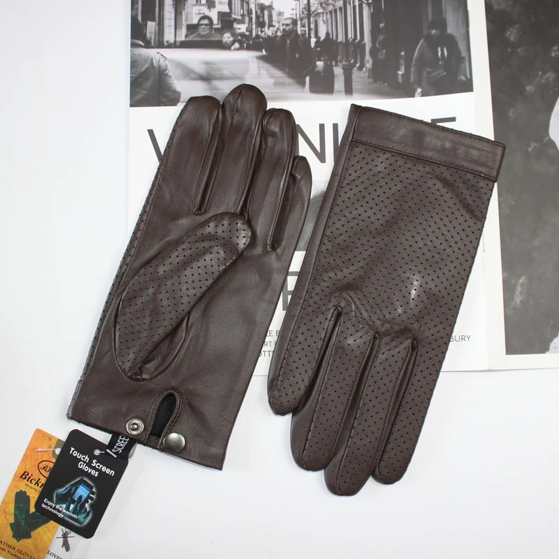 Guantes de conducción de piel de oveja para hombre, de alta calidad, pantalla táctil, seda transpirable, malla de moda, cuero versátil, guantes de