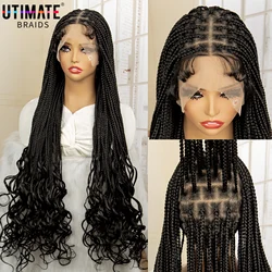 Pelucas trenzadas con extremos rizados para mujeres negras, peluca de trenzas negras sin nudos de encaje completo transparente sintético, 36 pulgadas