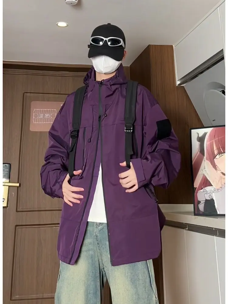

Dopne Purple Men's Workwear Jaet Spring Autumn Waterproof Climbing Couple Outerwear Loose Fit Youth Trend Polyester Fiber