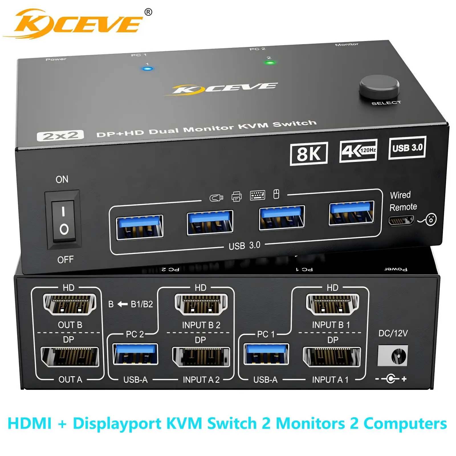 

4K@144Hz KVM Switch 2 Monitors 2/3 Computers 8K@60Hz,KCEVE HDMI + Displayport Dual Monitor KVM Switch with 4 USB 3.0 Port