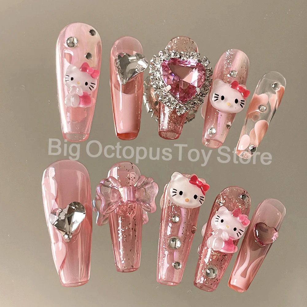 Faux ongles longs cercueil pour manucure, diamant coloré brillant, portable, pointes finies, Sanurgente, Hello Kitty, promotion des ventes, 10 pièces