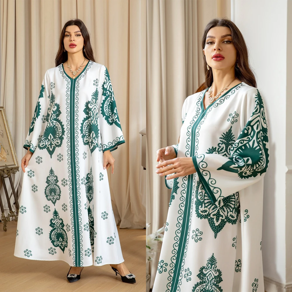 

Retro Floral Print Abaya Eid Muslin Diamonds Dress Women Pearls Gown Loose Long Jalabiya V Neck Caftan Robe Casual Maxi Vestidos