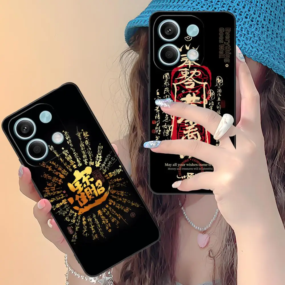 حافظة هاتف صينية محظوظة غنية لهاتف Xiaomi Redmi 14 13 12 A5 3 2 1 C Plus 4G 5G طباعة ملونة للهواتف المحمولة غطاء جميل