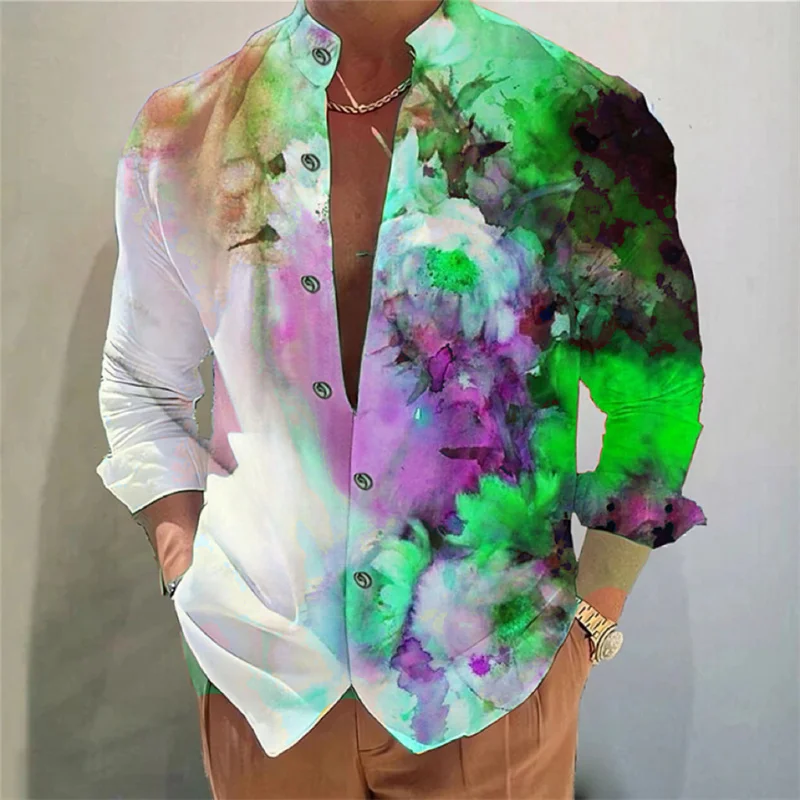 Men\'s shirt tie shirt 3D printing pattern shirt Flower outdoor shopping fashion trend super large yard XS-6XL soft fabric