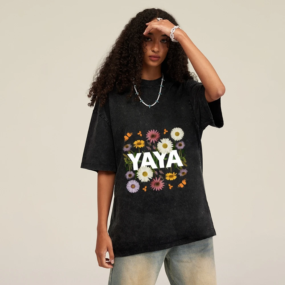

Yaya Floral Tee Colorful Flower Butterfly Print Distressed Wash Casual Loose Short Sleeved Cute Personalized Comfortable Top