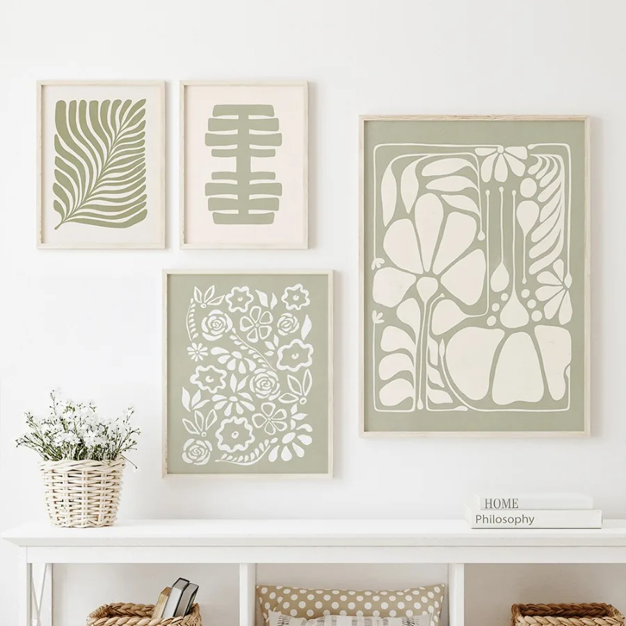 مجردة بوهو جدار الفن قماش ، الشمال الملصقات ، يطبع ، صورة لغرفة المعيشة ديكور ، الأخضر ورقة والزهور ، مقوس الهندسة #3