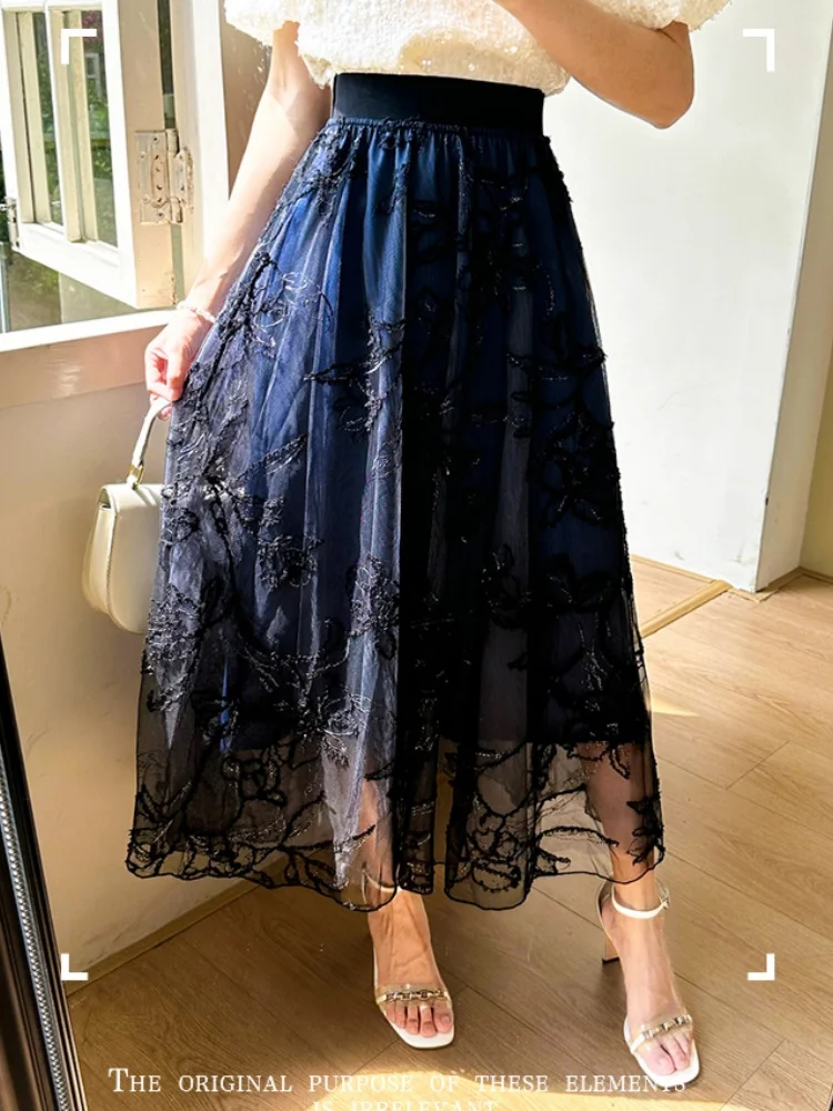 Smthma 2025 nova primavera/verão bordado a linha saia feminina emagrecimento cintura elástica emenda saia de comprimento médio