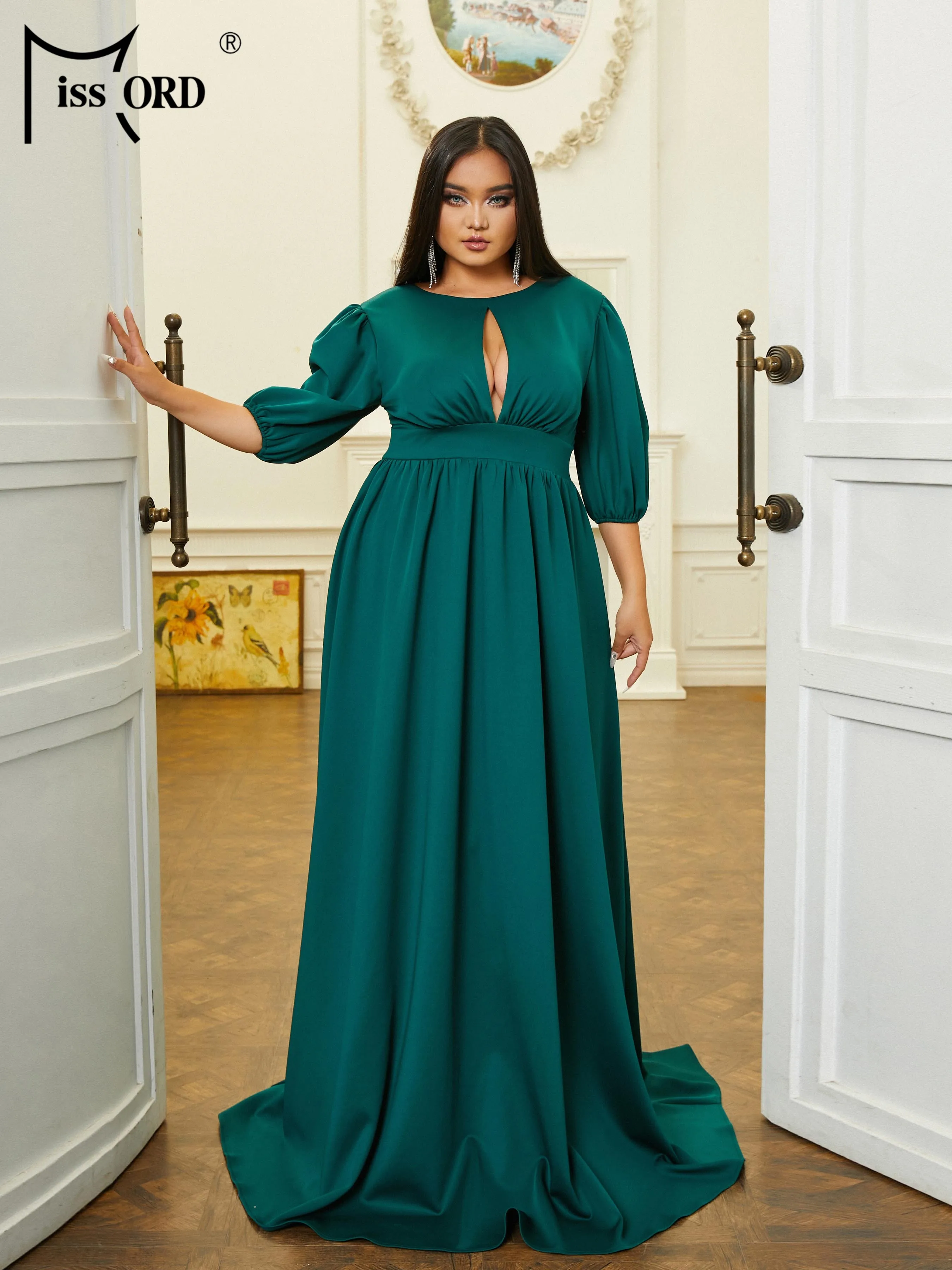 Missord-vestidos de talla grande para ocasiones formales, vestido largo hasta el suelo, verde, cuello redondo, corte de una línea, noche,